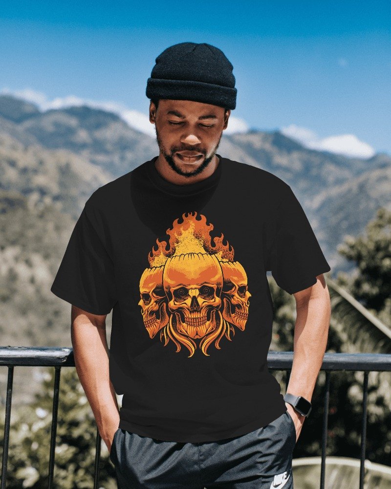 TeesWarrior Burning skull Graphics Printed Regular Bio-wash Cotton T-Shirt for men
